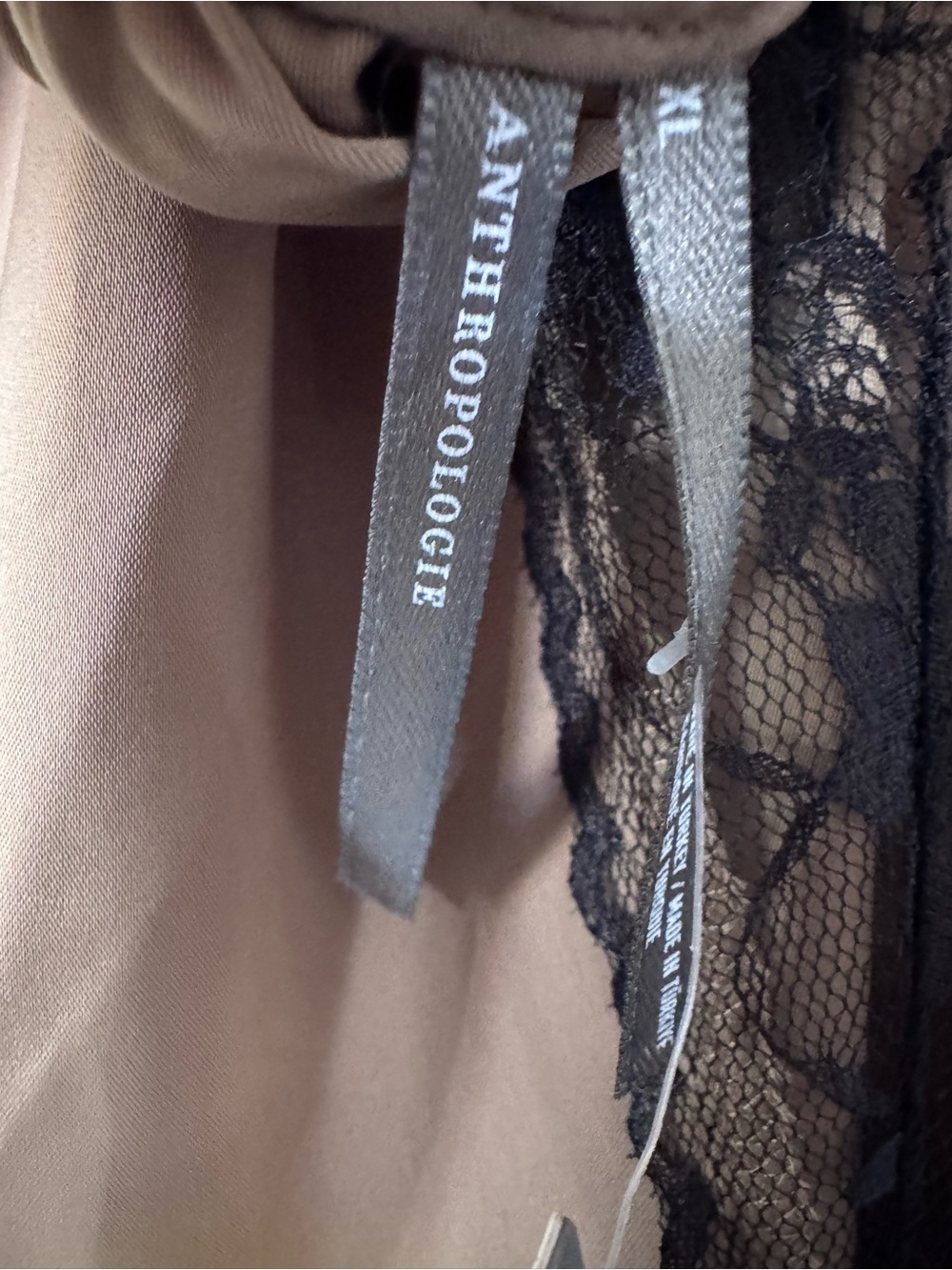 Anthropologie Taupe Satin Maxi Dress with Black Lace Trim - Picture 4 of 6